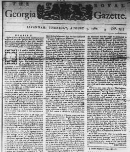 Als Helvetius liess sich John Zubly in der Royal Georgia Gazette über die Rebellen aus. Hier ein Artikel von 1780.