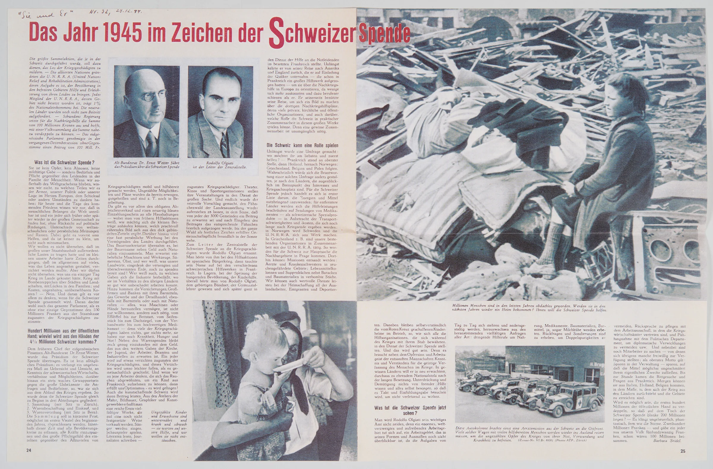 Artikel in der Zeitschrift «Sie und Er» vom 24. Dezember 1944 zur geplanten Aktion «Schweizer Spende».