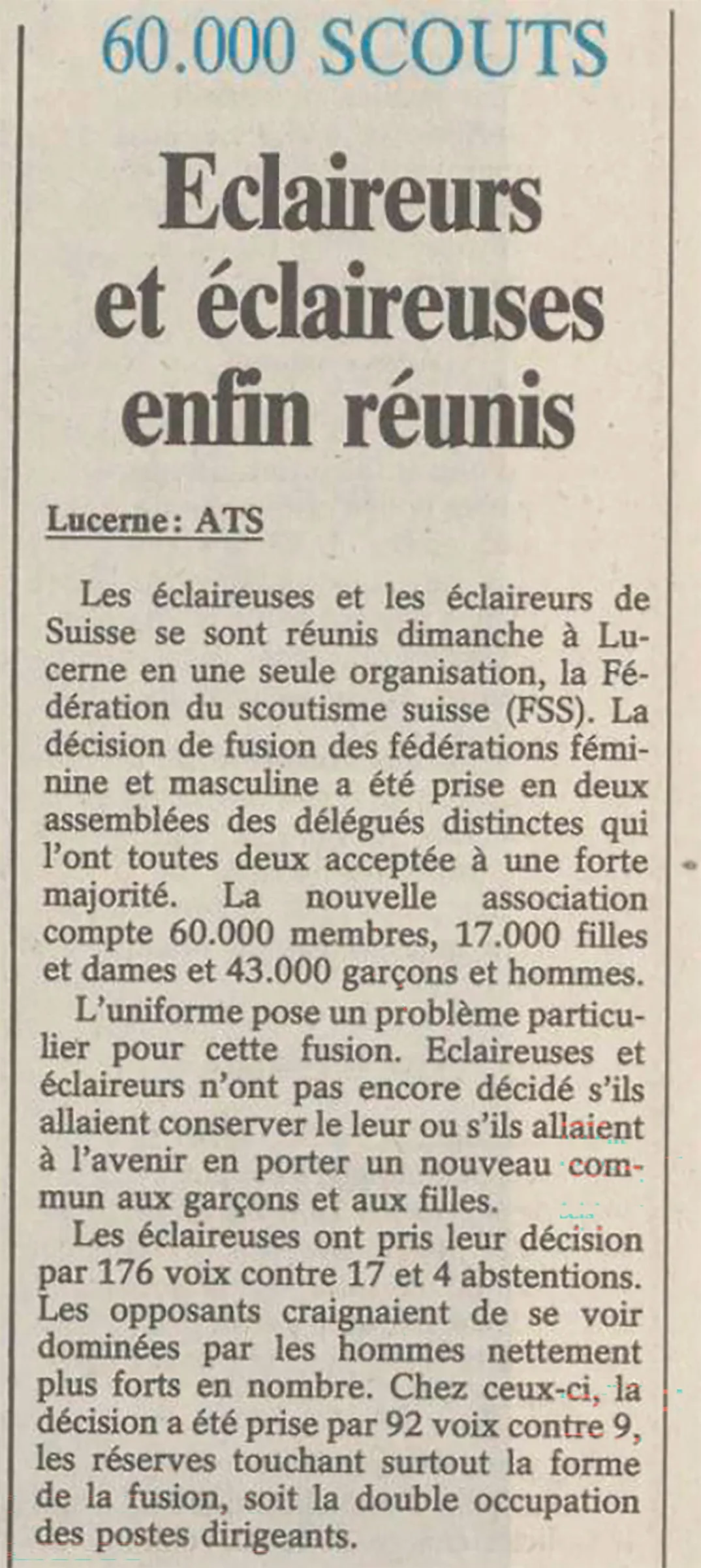 Le «mariage scout» a été une réussite. Article de la Tribune de Genève du 25 mai 1987.
