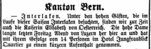 Bref article consacré à l’impératrice dans le journal «Intelligenzblatt für die Stadt Bern» du 14 septembre 1892.