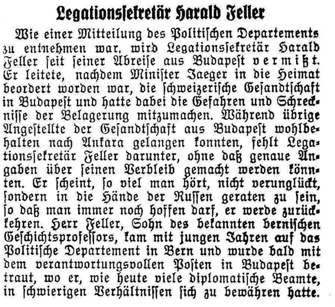 Artikel aus der Zeitung Der Bund vom 20. April 1945.