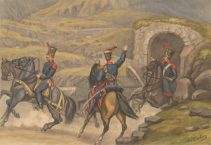Les soldats d'artillerie avec des voitures de canon sur le col de la montagne, 1842.