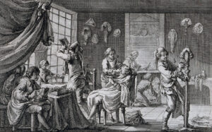 Das Atelier des Perückenmachers war häufig zugleich Barbier- und Frisierstube. Grafik von 1762.