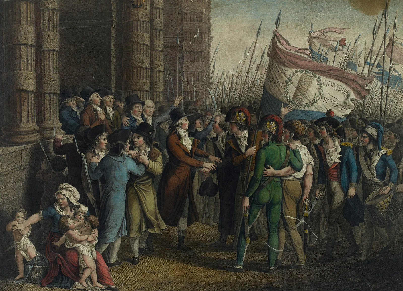 Der Aufstand der Pariser Sansculotten vom 31. Mai bis zum 2. Juni 1793 beendete die Herrschaft der Girondisten. Szene vor dem Konvent, Gravur von Jean-Joseph-François Tassaert (1765-ca.1835).