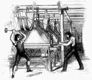 Arbeiter zerstören aus Protest einen Webstuhl, 1812.