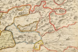 Auschnitt mit Murtensee und Neuenburgersee aus der (nach Süden orientierten) «Schöpfkarte» von 1578.