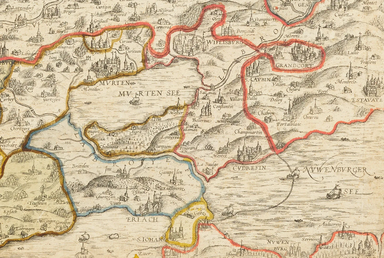 Auschnitt mit Murtensee und Neuenburgersee aus der (nach Süden orientierten) «Schöpfkarte» von 1578.