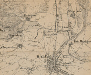 Detail from the map of the railway line from Strasbourg to Basel around 1840. The Swiss section is still missing.