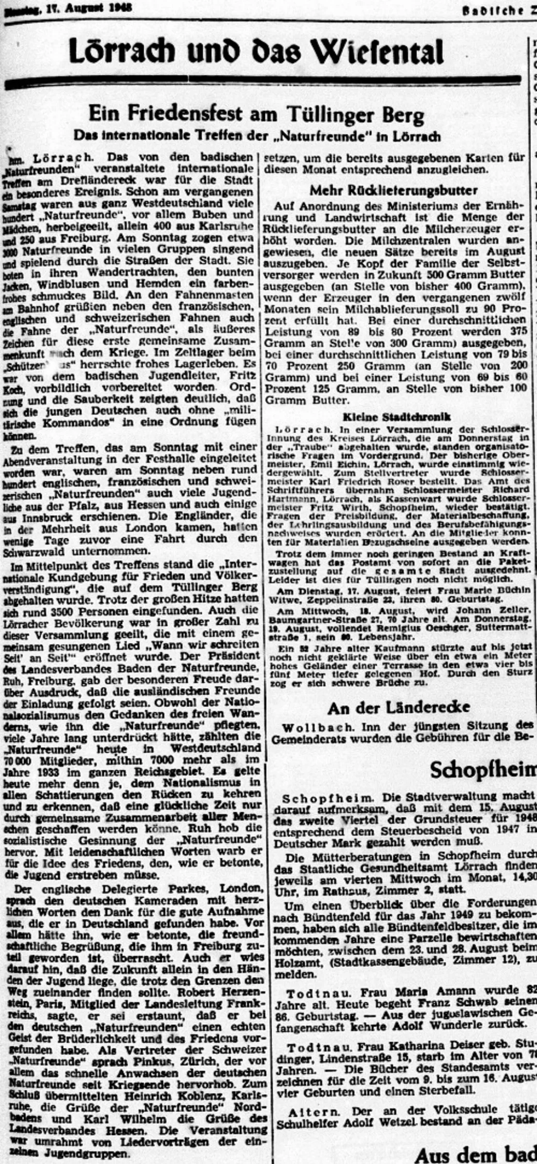 Presseartikel über das erste internationale Treffen der «Naturfreunde» nach dem Krieg, Badische Zeitung vom 17. August 1948.