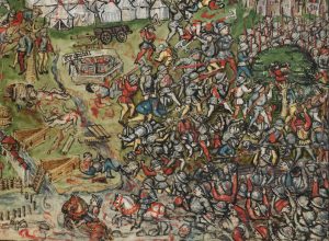 Hunderte Burgundische Soldaten ertrinken wegen ihrer Rüstung im Murtensee. Ausschnitt aus einer Abbildung aus der Eidgenössischen Chronik des Luzerners Diebold Schilling, um 1513.