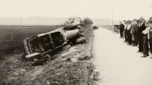 In den Anfangszeiten war das Autofahren eine gefährliche Sache. Bild eines Verkehrsunfalls, um 1920.