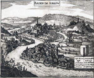 Baden und die Bäder im Vordergrund um 1620/1630. Kupferstich von Matthäus Merian