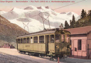 Depuis sa construction, le chemin de fer de la Bernina a toujours été une importante attraction touristique. Carte postale de 1908.