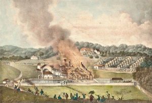 The destruction of Roehampton Estate in Jamaica in January 1832. Illustration by Adolphe Duperly, 1833.