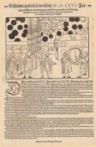 Phénomènes célestes dans le ciel de Bâle, le 7 août 1566. Feuillet de Samuel Apiarius et Samuel Coccius.