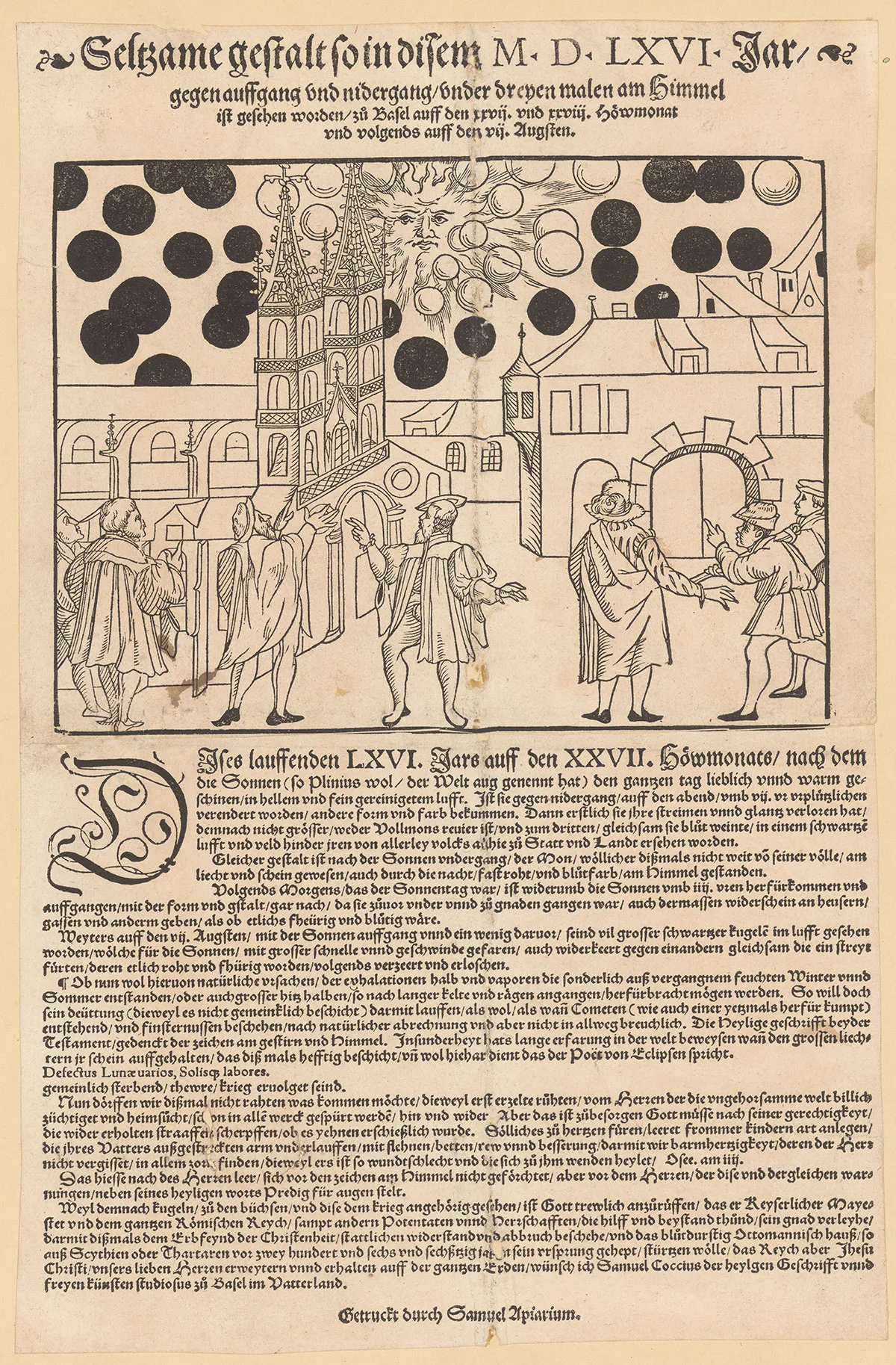 Die Himmelserscheinungen über Basel am 7. August 1566. Flugblatt von Samuel Apiarius und Samuel Coccius.