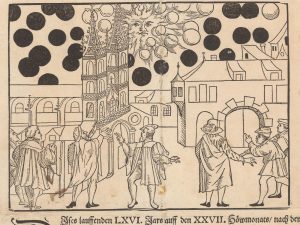 Phénomènes célestes dans le ciel de Bâle, le 7 août 1566. Feuillet de Samuel Apiarius et Samuel Coccius.