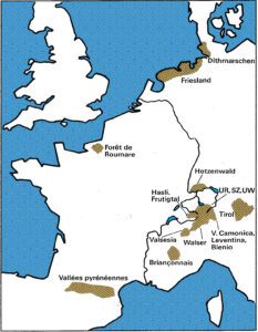 Bäuerliche Eidgenossenschaften im 13. bis 15. Jahrhundert, Schwerpunkte alpiner Raum und Randregionen Westeuropas.