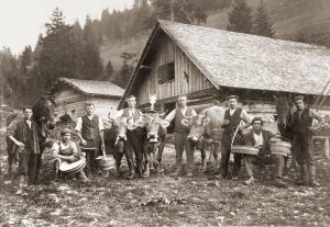 Farmers on the Alpabfahrtstag, the day of the traditional procession bringing the cattle back down from their summer pastures, in 1921 on the Alp Pradamee, part of the Alpgenossenschaft Vaduz.
