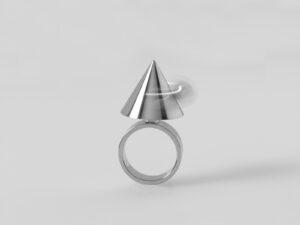 Kinetic finger ring with cone-shaped bezel and sphere.