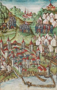 Belagerung von Murten. Rechts hinten das herzogliche Hauptlager, auf dem Hügel Karls hölzernes Zelthaus. Abbildung aus der Eidgenössischen Chronik des Luzerners Diebold Schilling, um 1513.