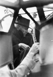 Benito Mussolini in a Fieseler Fi 156 Storch airplane. The dangerous flight in which the plane was heavily overloaded, took him to Rome and then on to meet Adolf Hitler in Munich.