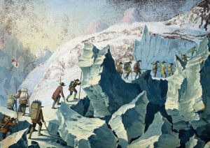 Aquarelle de l’ascension du mont Blanc par de Saussure, 1787.