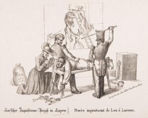 Karikatur der Ermittlungen im Mordfall des 1845 getöteten Luzerner Politikers Josef Leu. Die Behörden gingen in diesem Fall ziemlich rabiat zur Sache.