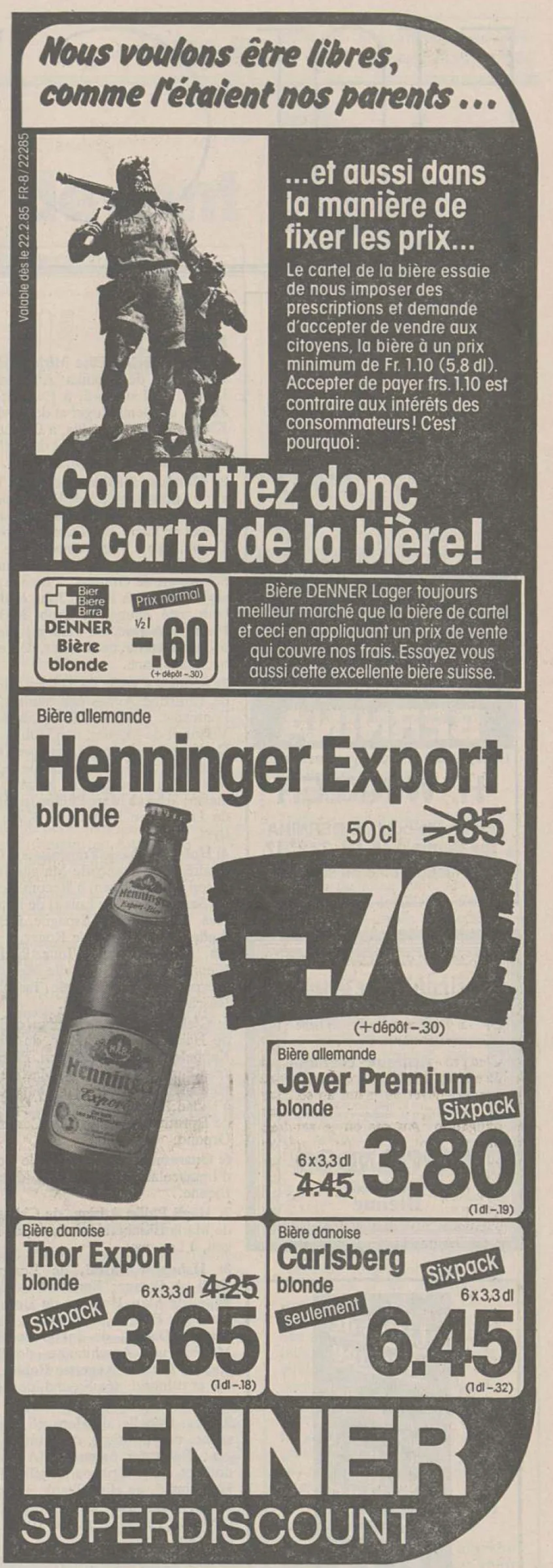 Annonce appelant à lutter contre le cartel de la bière, parue dans le Journal du Jura du 22 février 1985.