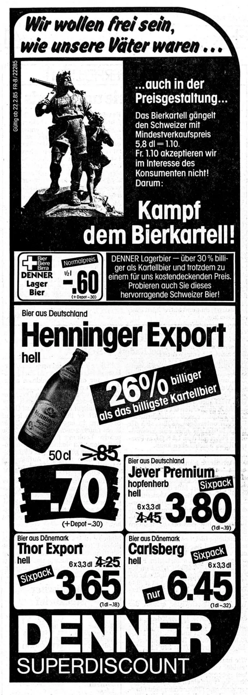 Inserat zur Bekämpfung des Bierkartells im Bieler Tagblatt vom 22. Februar, 1985.