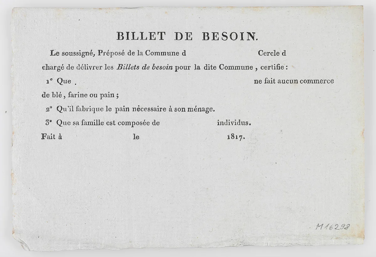 Ein Billet de Besoin von 1817. Dieser Gutschein für Bedürftige wurde vor allem in den Regionen Waadt und Genf von den Gemeinden an Bedürftige abgegeben, um ihnen den Bezug von lebensnotwendigen Gütern zu ermöglichen.