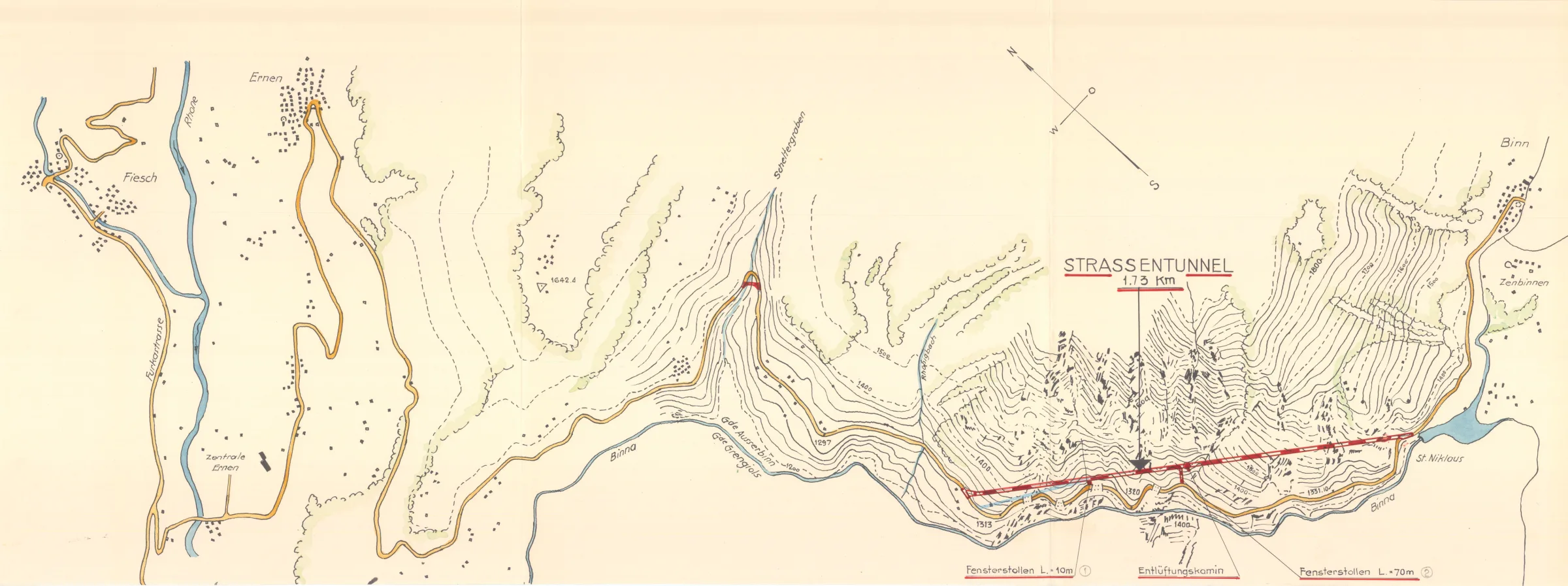 Dank dem Strassentunnel ist das Binntal ganzjährig erreichbar. Übersichtsplan von 1962.