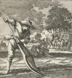 Un blanchisseur au travail. Il utilise une pelle spéciale lui permettant d’asperger les textiles étendus sur les champs à partir de tranchées remplies d’eau. Caspar Luyken, d’après Jan Luyken, 1694.