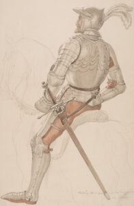 Pencil sketch with watercolour by Ludwig Vogel showing a suit of armour from the 15th century in the Armoury Lucerne, undated.