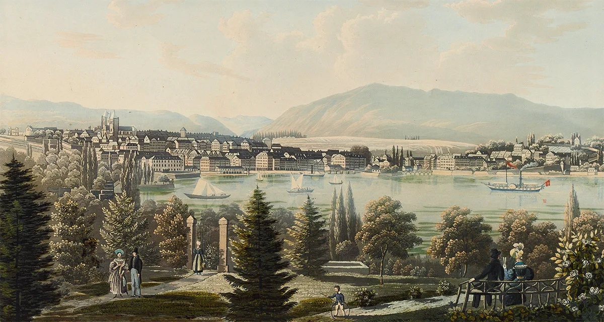 Blick auf Genf. Rechts ist das Dampfschiff «Guillaume Tell» zu erkennen, das ab 1823 regelmässig zwischen Genf und Lausanne-Ouchy verkehrte.