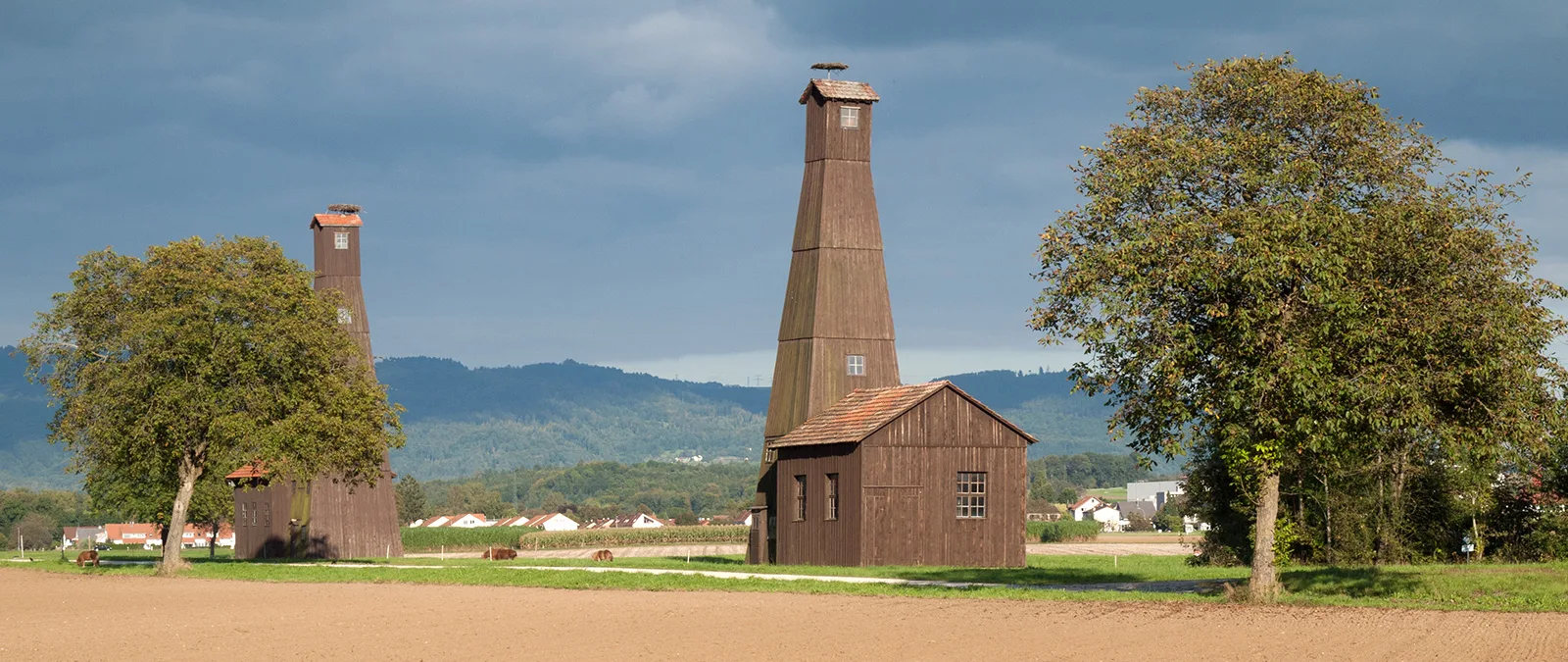 Die heute denkmalgeschützten Bohrtürme der Saline Riburg in Rheinfelden bei Möhlin.