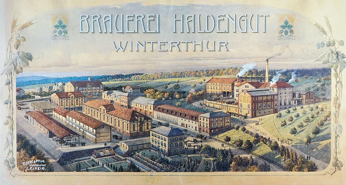 Gemälde einer Luftansicht der Brauerei Haldengut, um 1906.