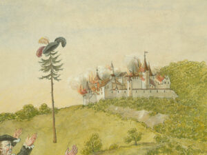 Following the French invasion and Helvetic revolution, rebels in the canton of Basel set fire to medieval castles in which the bailiffs resided. Pictured is the burning Farnsburg Castle near Ormalingen in the canton of Basel-Landschaft in an undated gouache by J. J. Ketterlin (detail).