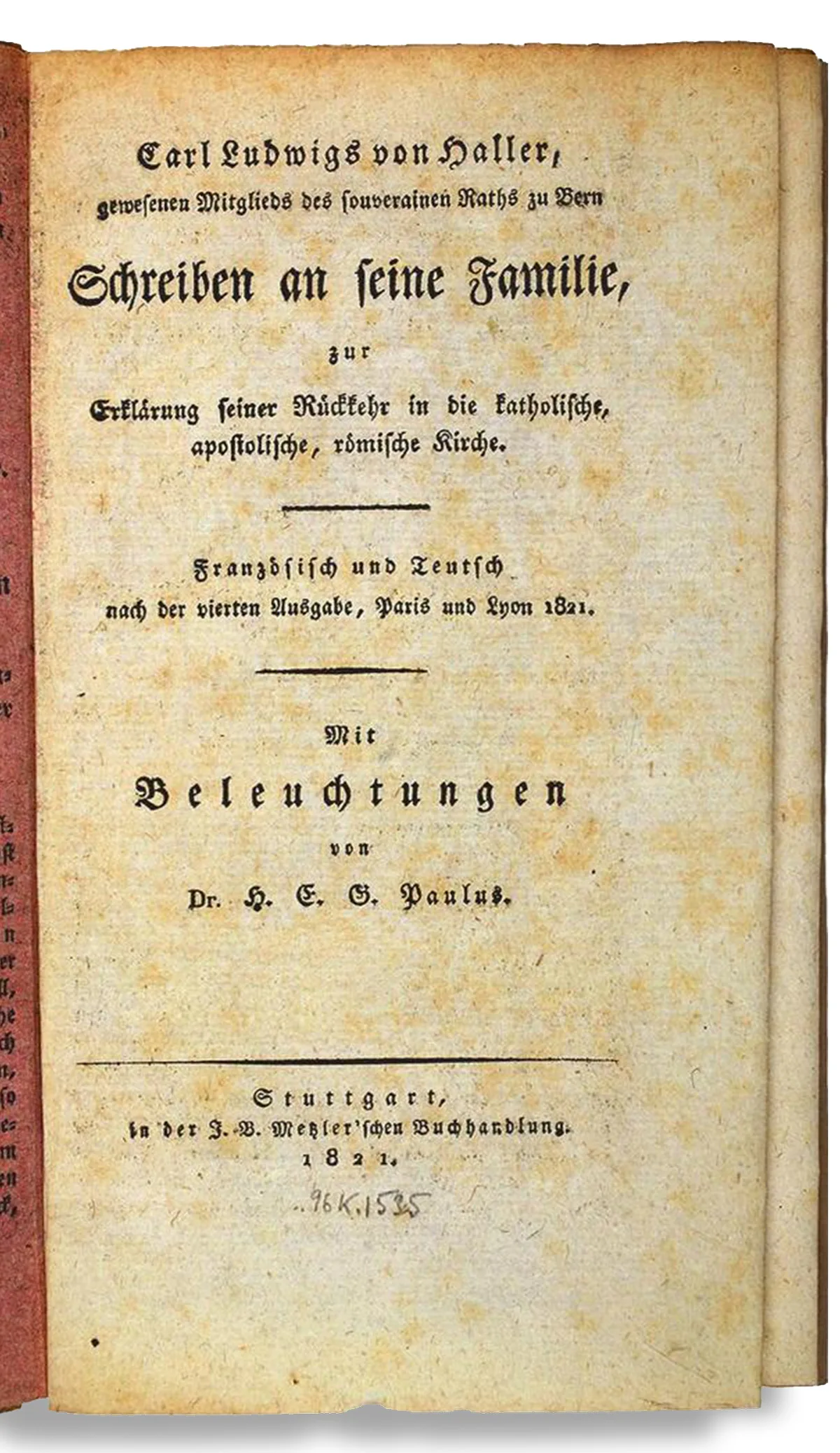 Titelseite der Schrift, in der Haller seine Konversion zum Katholizismus erklärt, 1821.