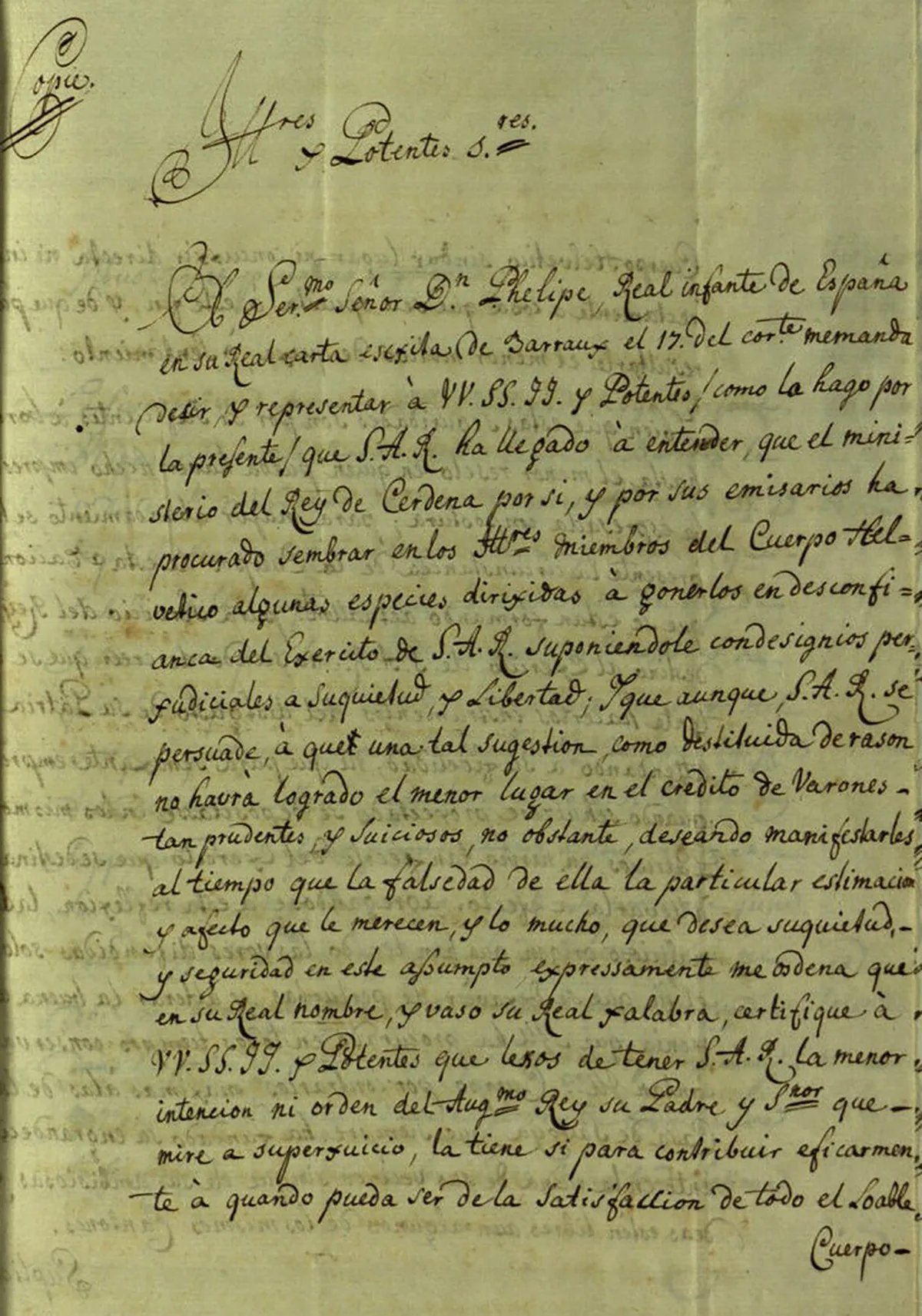 Brief des Infanten von Spanien vom 17. Dezember 1742 an die Genfer Regierung