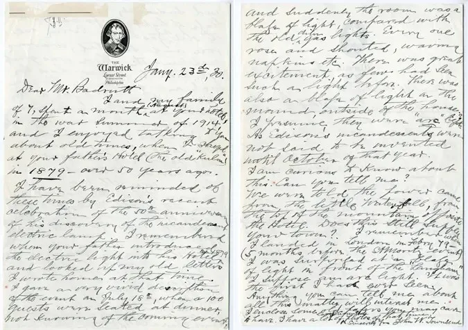 Brief von John W. Townsend 1930, in dem er das Erlebnis des ersten Lichts im Speisesaal des Kulm Hotels beschreibt und auf den 18. Juli 1879 datiert.