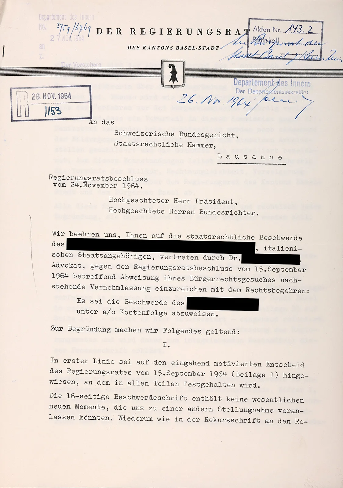 The Canton of Basel¬-Stadt rejects the application of a young Italian woman in the 1960s wishing to acquire Swiss nationality. The candidate had been "born and raised in Basel, attended school and found employment here" and had "family, friends and acquaintances in Basel". But the local authorities did not consider this sufficiently "strict evidence" of her "assimilation".