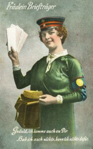 Postcard showing a female postal worker, circa 1916.