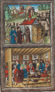 Top: Flüeli-Ranft. In front of the chapel Heimo Amgrund, pastor of Stans (middle), shakes hands in farewell with Brother Klaus; on the left stands an attendant. Bottom: Council chamber in Stans. The attendant, in blue robe, delivers Brother Klaus’ message, the wording of which is not known, to the Tagsatzung. Next to him, Amgrund holds back the Unterwald bailiff, who is keen to proclaim the decision on the village square immediately.