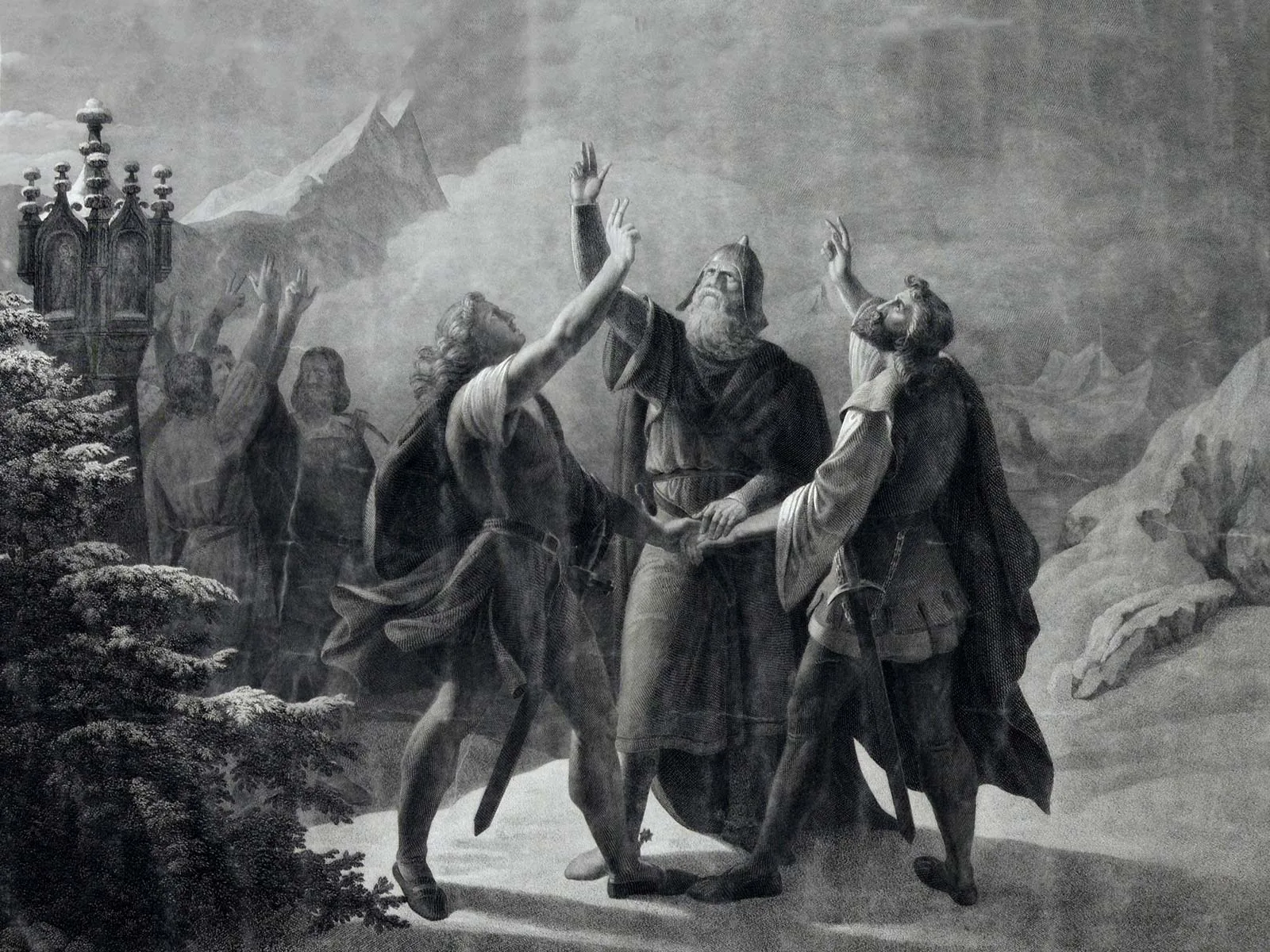 Der Schwur der drei Eidgenossen auf dem Rütli prägt unser Bild der Alten Eidgenossenschaft. Doch dieses beliebte Sujet hat mit dem historischen Bundesschwur wenig gemein. Kupferstich von Carl Heinrich Rahl.