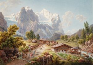 Frühe romantische Darstellung der Schweiz mit Chalet. Gabriel Lory Père, Ansicht des Rosenlauigletschers mit Wellhorn und Wetterhorn, 1823.
