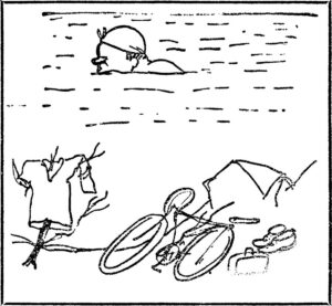 Charles-Albert Cingria lors d'une de ses balades à vélo, dessin de Géa Augsbourg, vers 1948.