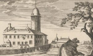 Das Schloss von Aubonne mit seinem charakteristischen Turm. Druckgrafik aus dem Jahr 1755.