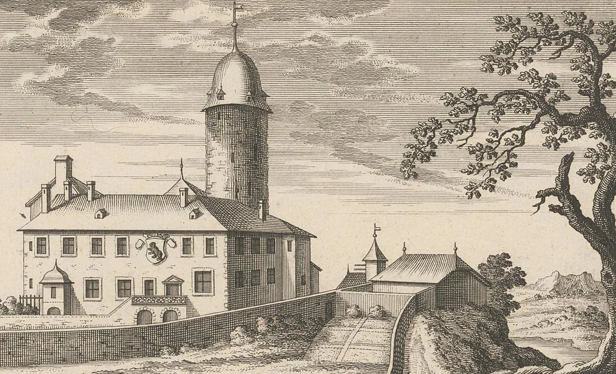 Das Schloss von Aubonne mit seinem charakteristischen Turm. Druckgrafik aus dem Jahr 1755.