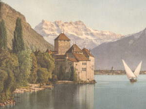 Schloss Chillon am Genfersee. Im Hintergrund die Dents du Midi. Fotochromolithographie um 1900.